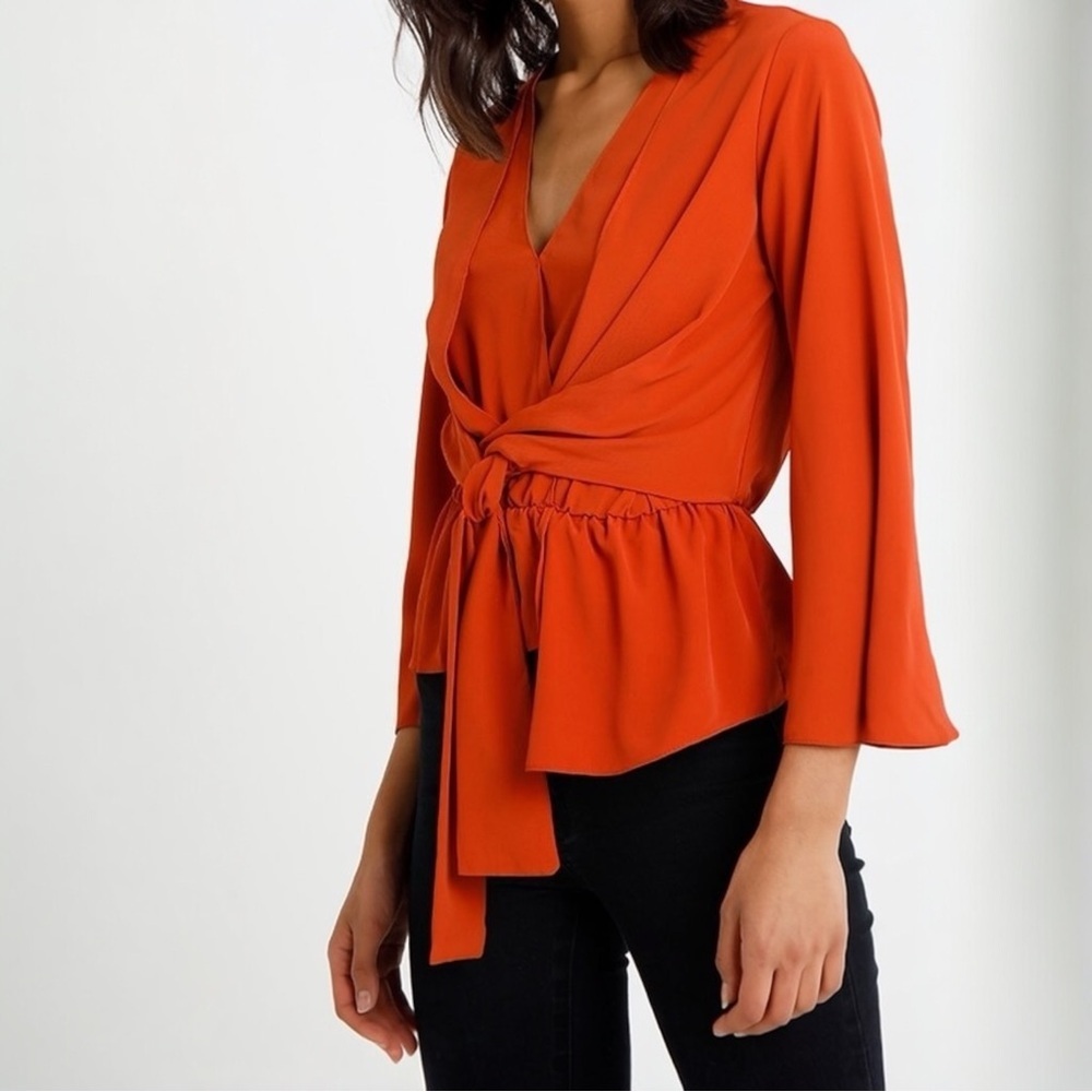 Topshop Red Orange Wrap Tie Peplum Blouse Size 6 Small